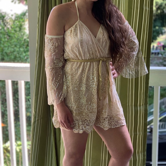 Gold Glitter Romper with Bell Sleeves - Picture 2 of 5